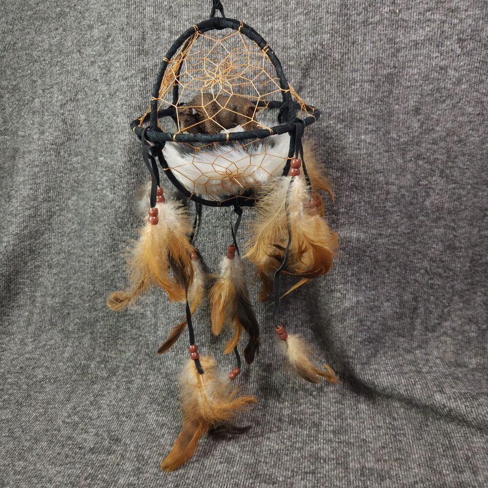 Kinnex Feathered Dream Catcher Handmade Native American Buffalo Bohemian Hanging